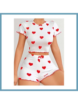 Bezos Kadın Beyaz Kırmızı Kalp Desenli Şortlu Gecelik Takım 5023 · Beden: L/xl · Renk: Beyaz MBT06