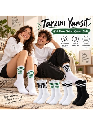 Marchè Bien Unisex Çorap Çizgili 4'lü Set 07 Good Vibes Yazılı Siyah Beyaz Uzun Soket Spor Kolej Stil Rahat Şık