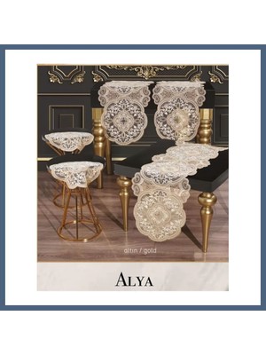 Bezos 5 Parça Alya Gold Dantelli Salon Takımı Runner Masa Örtüsü Şık Modern Tasarım BZS10