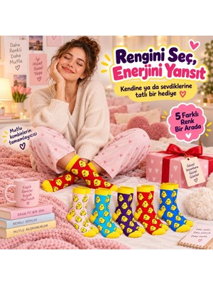 Marchè Bien Kadın Çorap Civciv Desenli Renkli ve 5'li Set Uzun Soket Eğlenceli Günlük Kadın Çorabı 5 Farklı Renk