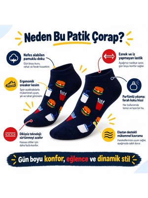 Marchè Bien Lacivert Hamburger Patates Içecek Desenli Patik Çorap |12'li Eğlenceli Günlük Kısa Bilek Çorap Seti