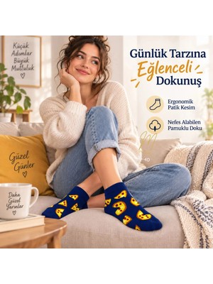 Marchè Bien Pizza Desenli 3'lü Lacivert Patik Çorap Unisex Kısa Sneaker Günlük Çorap Seti Avantajlı Paket Rahat!