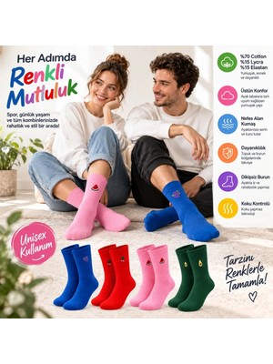 Marchè Bien Kadın Çorap Meyve Nakışlı Renkli 4'lü Set Üzüm Kiraz Karpuz Avokado Desenli Günlük Uzun Soket Çorabı