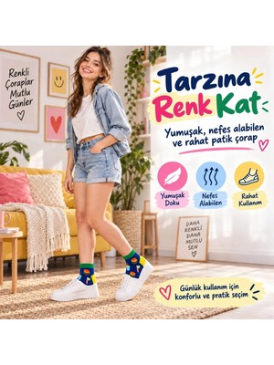 Marchè Bien Kadın Patik Çorap Lacivert Fast Food Desenli | Renkli Eğlenceli Günlük Rahat Kısa Bilek 12'li Paketi