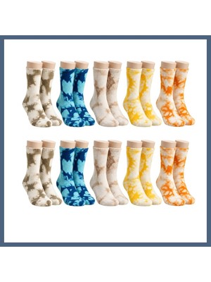 Bezos Unisex Batik Desenli Çorap 10'lu Set Pamuklu Renkli Uzun Soket Dikişsiz Nefes Alan Günlük Spor Çorabı BZS10