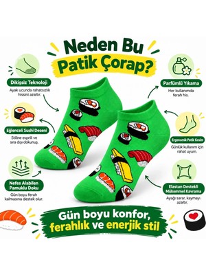 Marchè Bien Kadın Patik Çorap Yeşil Sushi Desen | Renkli Eğlenceli Günlük Kısa Bilek Çorap 6'lı Avantajlı Çorap Seti