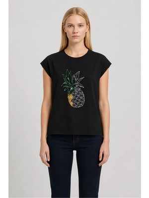 Perspective Siyah Ananas Baskılı Tişört