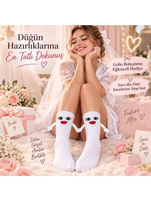 Marchè Bien Mıknatıslı Gelin Çorabı Kadın Beyaz El Ele Tutuşan Düğün Çeyiz Bohça Bekarlığa Veda Eğlenceli Çorap