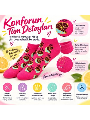 Marchè Bien Kadın Fuşya Limon Desenli Patik Çorap 6'lı Paket | Renkli, Rahat ve Esnek Günlük Kısa Çorap Seti