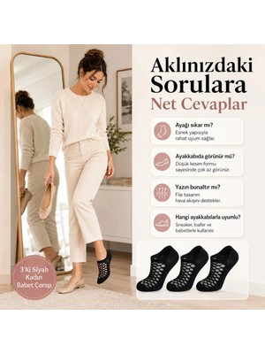 Marchè Bien 3’lü Kadın Siyah File Babet Çorap Düşük Kesim Ince Esnek Nefes Alan Görünmez Çorap Seti