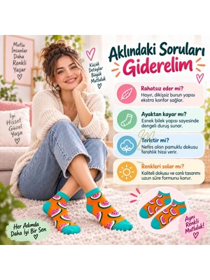 Marchè Bien Kadın Turuncu Karpuz Desenli Patik Çorap 3'lü Paket | Renkli, Rahat ve Esnek Günlük Kısa Çorap