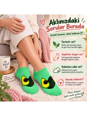 Marchè Bien Kadın Avokado 3'lü Desenli Patik Çorap Pamuklu Dikişsiz Sneaker Uyumlu Eğlenceli Günlük Çorap