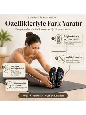 Marchè Bien Kadın Siyah Kaymaz Yoga Pilates Çorabı 3'lü | Silikon Taban, Bilek Bantlı, Ev Spor Umre