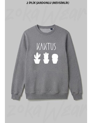 Zoka Wear Kaktus Baskili Kisa Kol Ön Baskılı Bisiklet Yaka Sweatshirt