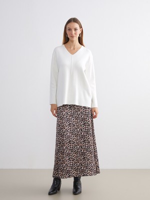 LC Waikiki Lcw Modest Kahverengi Beli Fermuarlı Leopar Desenli A Kesim Etek