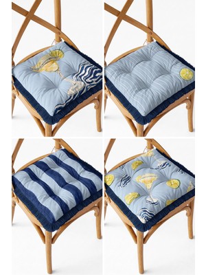 Elarque Mavi Çizgili Limonlu Margarita Kokteyl Desenli Saçaklı Pofuduk Sandalye Min