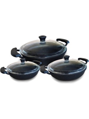 Tr Döküm Alya 3lü Sahan Set, 18-20-22 Cm, Granit Kaplama, Pyrex Cam Kapak, Siyah