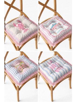 Elarque Pembe Saçaklı Bağcıklı Pofidik Sandalye Minderi 4'lü Set