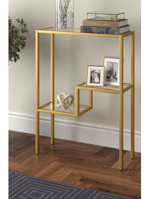 Elarque Gold Renk Metal Iskeletli Temper Camlı Raflı Dresuar Konsol