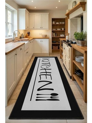 Tr Gri Siyah Mutfak Halısı Kitchen - Yıkanabilir, Kaymaz Taban, Dijital Baskılı, Leke Tutmaz, T