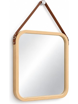 Tr Askılı Ahşap Çerçeveli Kare Ayna 32X42 cm – Deri Askılı Duvar Aynası, Modern Minimal De