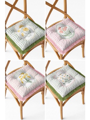 Elarque Çizgili Çiçek Desenli Saçaklı Bağcıklı Pofidik Sandalye Minderi 4'lü Set