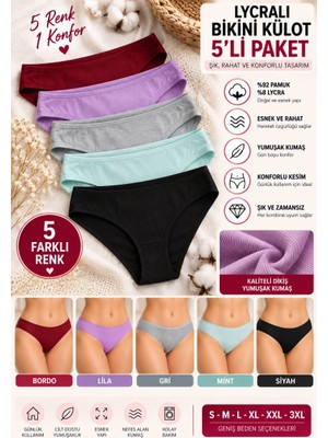 Najmaddin Teda Kadın Likralı Bikini Külot 5'li Paket, Yumuşak Kumaş, Günlük Kadın Iç Çamaşırı -