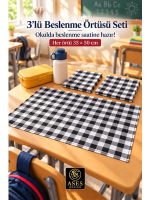 Ases Design 3’lü Set Yıkanabilir Beslenme Örtüsü 35X50 cm Siyah Beyaz Kareli - Anaokulu ve Ilkokul