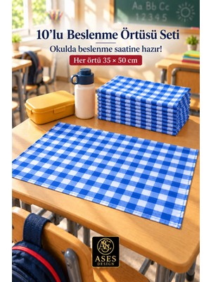 Ases Design 10’lu Yıkanabilir Beslenme Örtüsü 35X50 cm Mavi Beyaz Kareli – Anaokulu ve Ilkokul