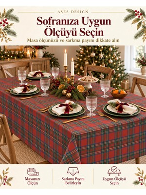 Ases Design Kırmızı Iskoç Ekose Desenli Yılbaşı Masa Örtüsü