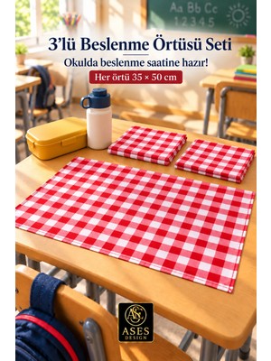 Ases Design 3’lü Set Yıkanabilir Beslenme Örtüsü 35X50 cm Kırmızı Beyaz Kareli - Anaokulu ve Ilkokul