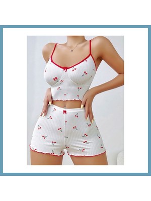Bezos Kadın Vişne Desenli Dantel Askılı Şortlu Pijama Takımı 5193 · Beden: L/xl · Renk: Beyaz MBT06