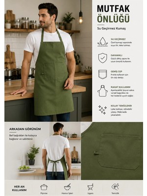 Ases Design Su Geçirmez Haki Yeşil Mutfak Önlüğü – Ön Cepli, Arkadan Bağlamalı, Unisex Aşçı ve Yemek Önlüğü