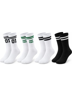 Najmaddin Be Unisex Çorap Çizgili 4'lü Set 07 Good Vibes Yazılı Siyah Beyaz Uzun Soket Spor Kolej Stil Ra
