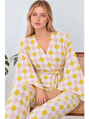 Eser Butik Kadın Kruvaze Kuşaklı Sarı Ikili Pijama Takımı 4804