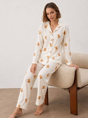 Eser Butik Kadın Gömlek Yakalı Uzun Kollu Beyaz Pijama Seti