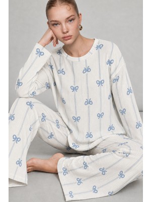 Eser Butik Kadın Desenli Nefes Alan Ekru Pijama Takımı 4690