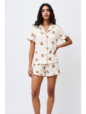 Eser Butik Kadın Desenli Trend Kar Beyaz Pijama Takımı
