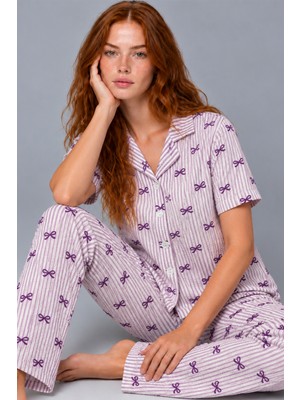 Eser Butik Kadın Çizgili Fiyonk Desenli Mor Kısa Kollu Pijama Takımı 4811