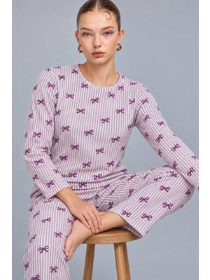 Eser Butik Kadın Çizgili Rahat Desenli Ikili Mor Pijama Takımı 4809