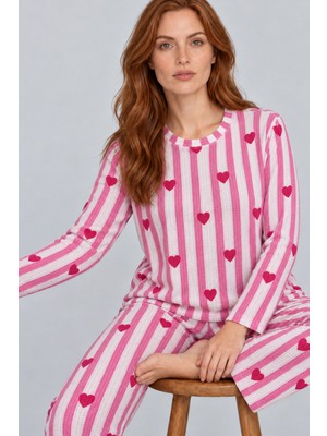 Eser Butik Kadın Kalpli Rahat Kalıp Ikili Pembe Pijama Takımı 4768