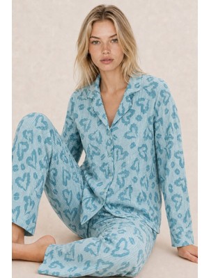 Eser Butik Kadın Uzun Kol Rahat Mavi Pijama Takımı 4761