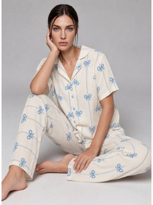 Eser Butik Kadın Kısa Kol Fiyonk Desenli Mavi Pijama Takımı 4771
