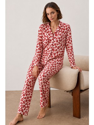 Eser Butik Kadın Gömlek Yakalı Uzun Kollu Kırmızı Pijama Seti
