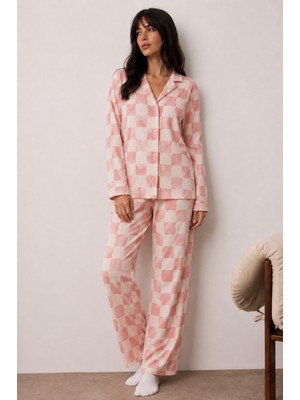 Eser Butik Kadın Düğmeli Kışlık Ev Pembe Pijama Takımı