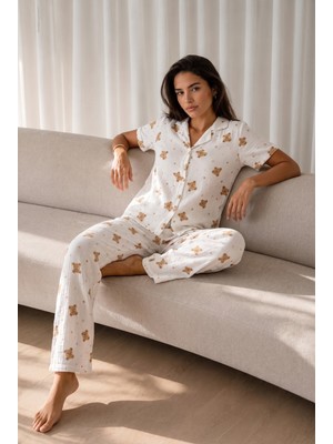 Eser Butik Kadın Loose Uzun Paça Pamuk Kırık Beyaz Pijama Takımı