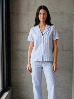 Eser Butik V Yaka Düğmeli Casual Mavi Pijama Takımı