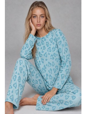 Eser Butik Kadın Desenli Uzun Kollu Mint Yeşili Pijama Takımı 4760
