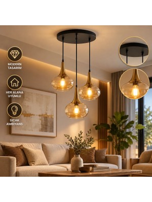Dolunay Avize Dolunay 3'lü Bal Camlı Modern Sarkıt Avize – Siyah Gövde, Gold Detaylı, 20 cm Cam Çapı