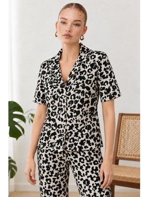 Eser Butik Kadın Kısa Kol Comfort Leopar Pijama Takımı 4737 Siyah